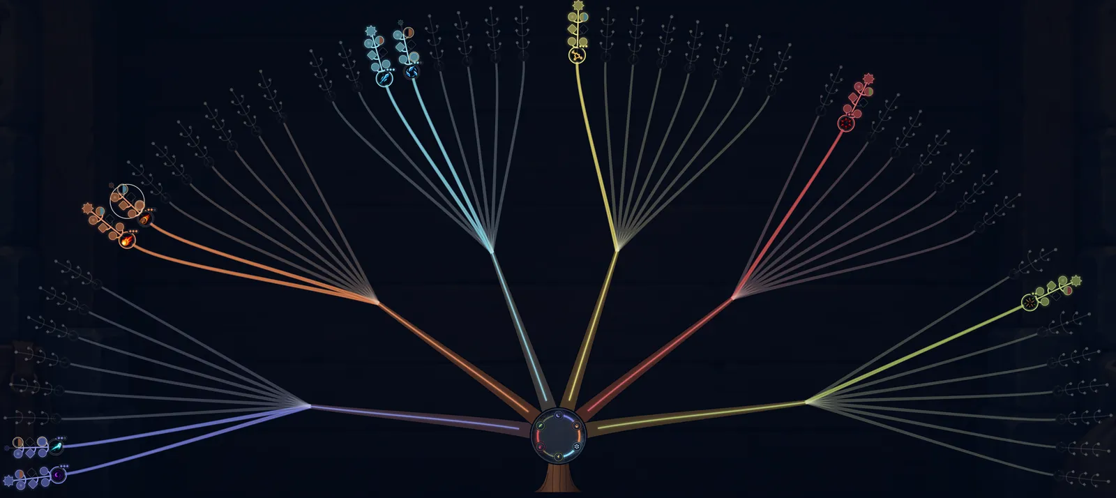 The Crown, the skill tree in the game: 48 branches fan out of one trunk, nine of them glow in their element colours with learned nodes up to their completion.