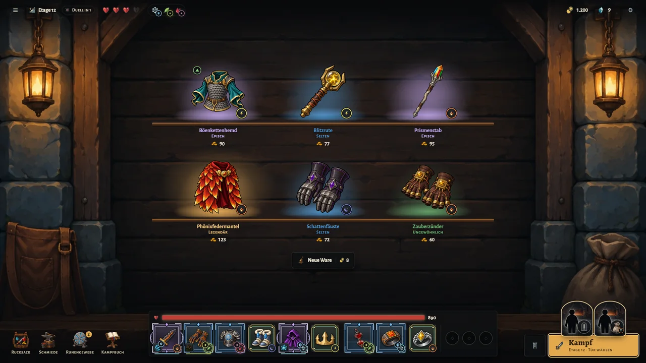 The merchant: six items on the shelf with name, rarity and price, the equipped gear below and two doors for the next fight.