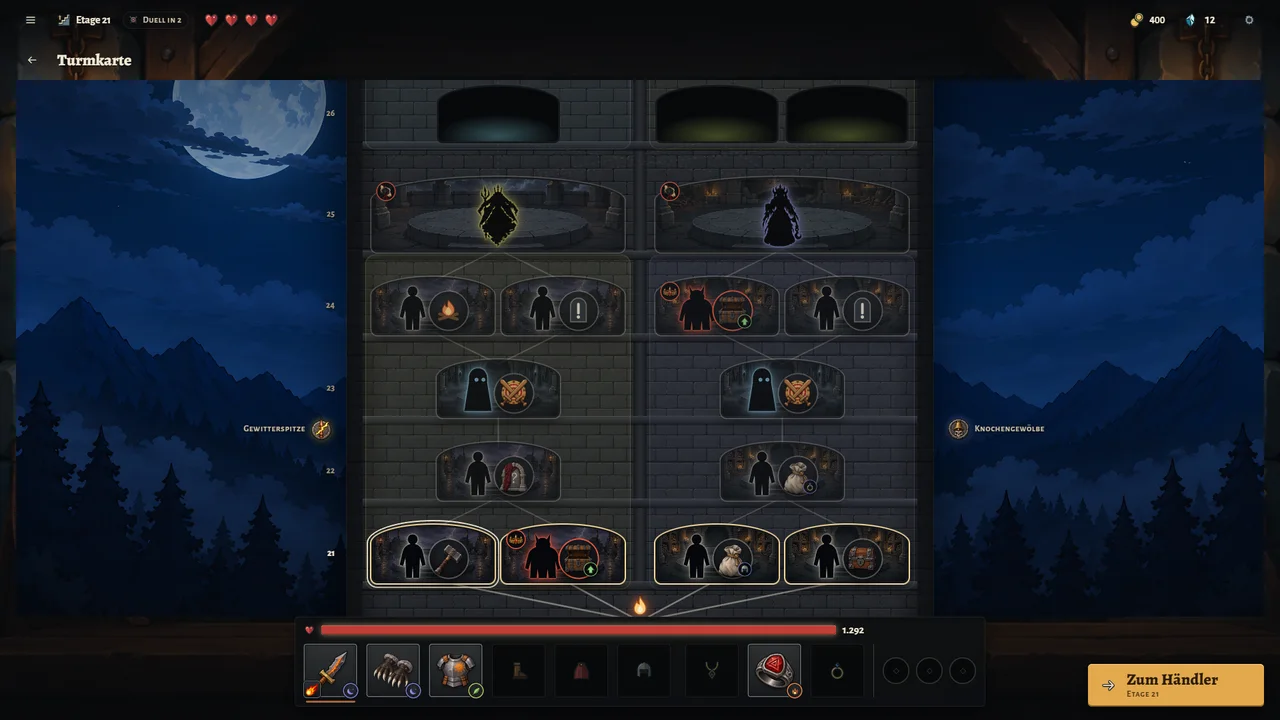 The tower map: two wings with chambers for floors 21 to 25, the boss chambers at the top.