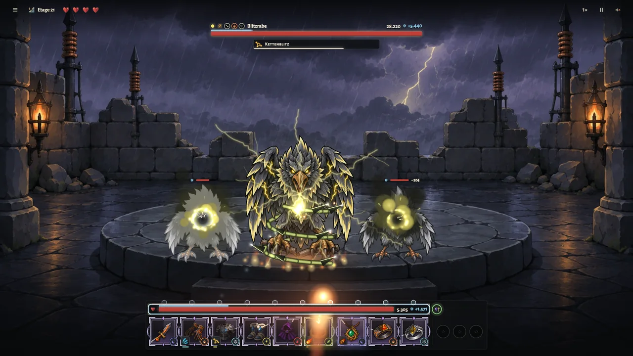 Combat on the Thunder Spire: the Lightning Raven with two storm crows, a chain lightning strikes, the player's items below.