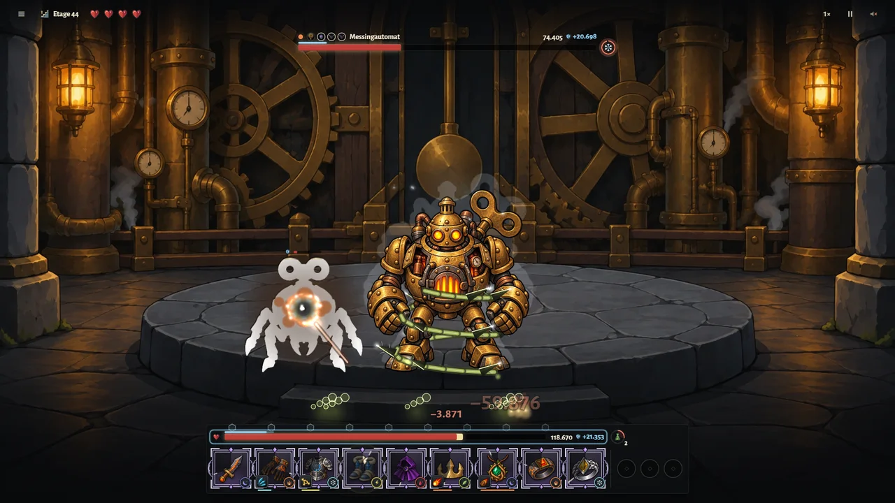 Combat in the Clockwork Tower: the Brass Automaton and a wind-up beetle among gears and brass pipes.