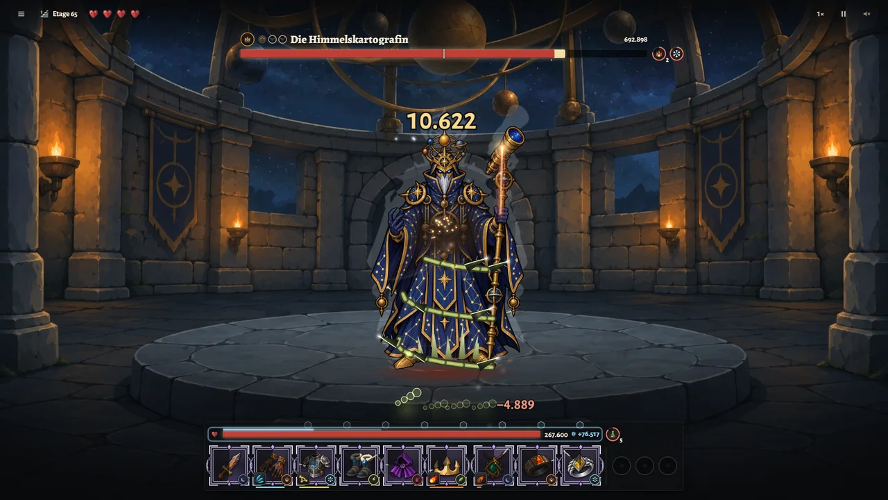 Boss fight in the Observatory: the Sky Cartographer beneath an open dome and a starry sky.