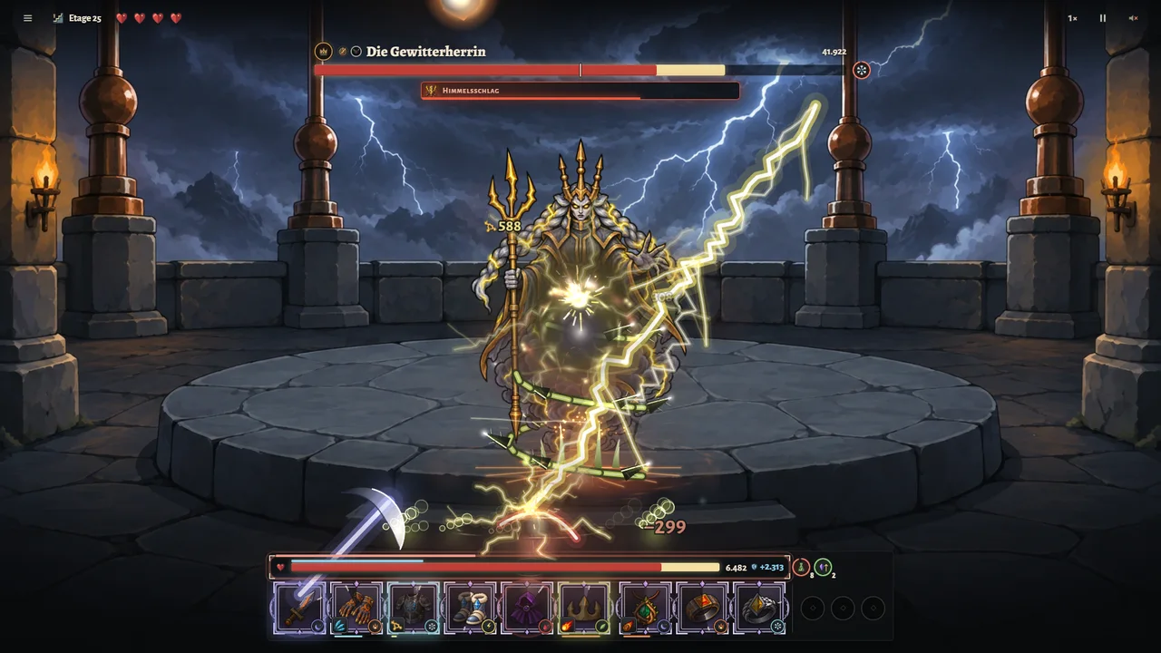 Boss fight against the Storm Mistress: lightning strikes, her health bar shows the phase mark at 50 percent.