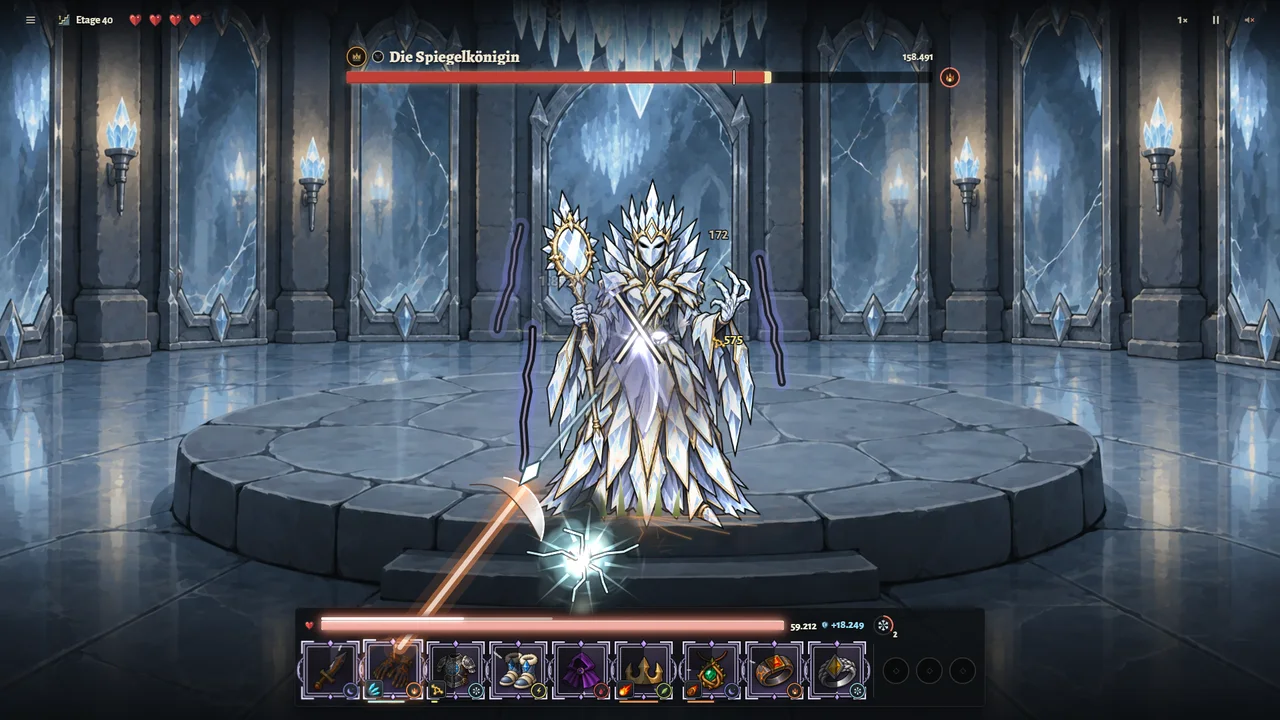 The Mirror Queen, gatekeeper of floor 40, in her hall of ice and mirrors.