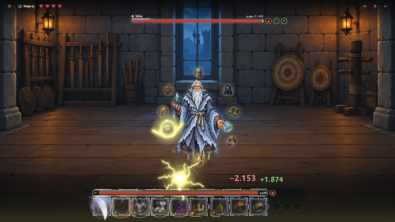 Ghost duel: another adventurer's ghost fights with its own items, floating around it in a wreath.