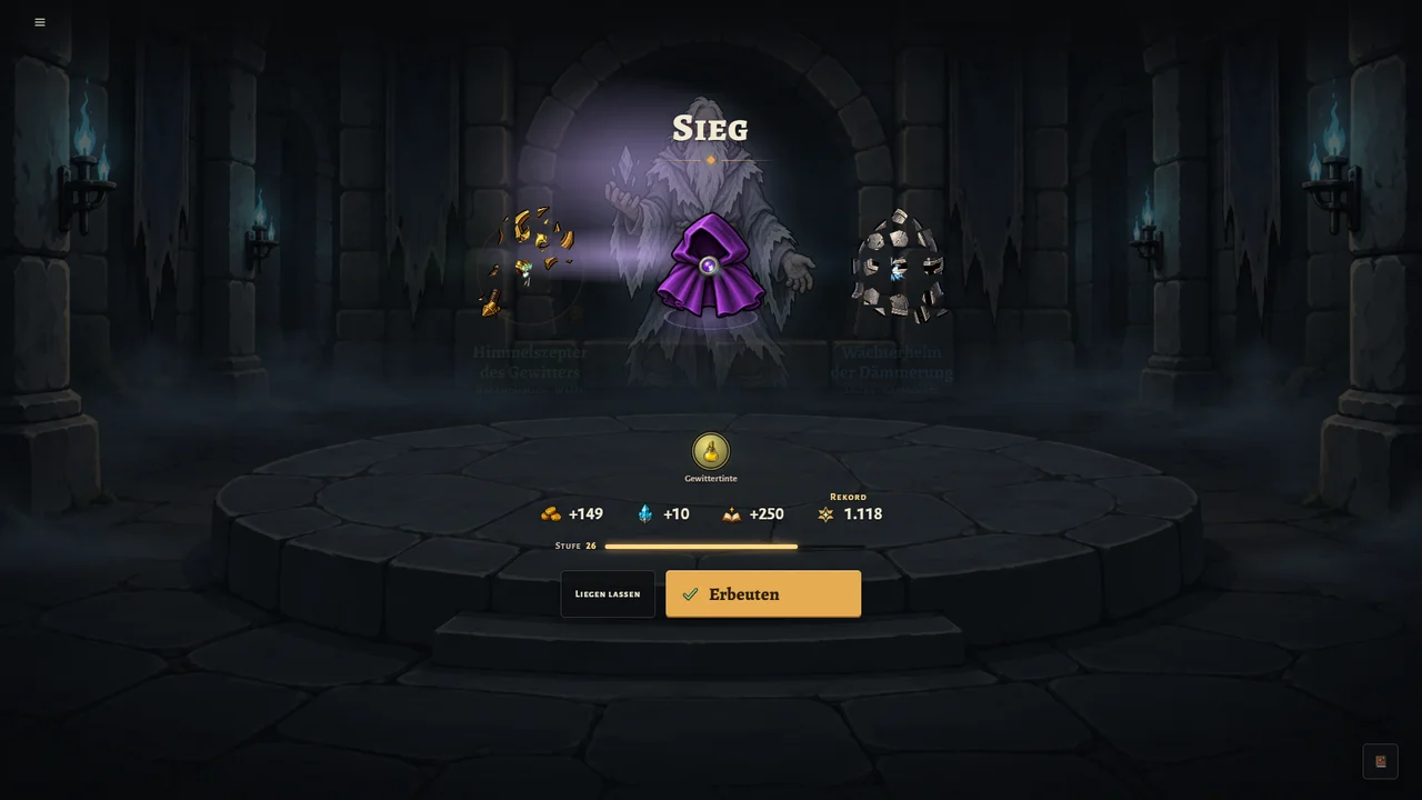 The plunder moment: the player takes an epic cloak from the defeated ghost, the other two items shatter.