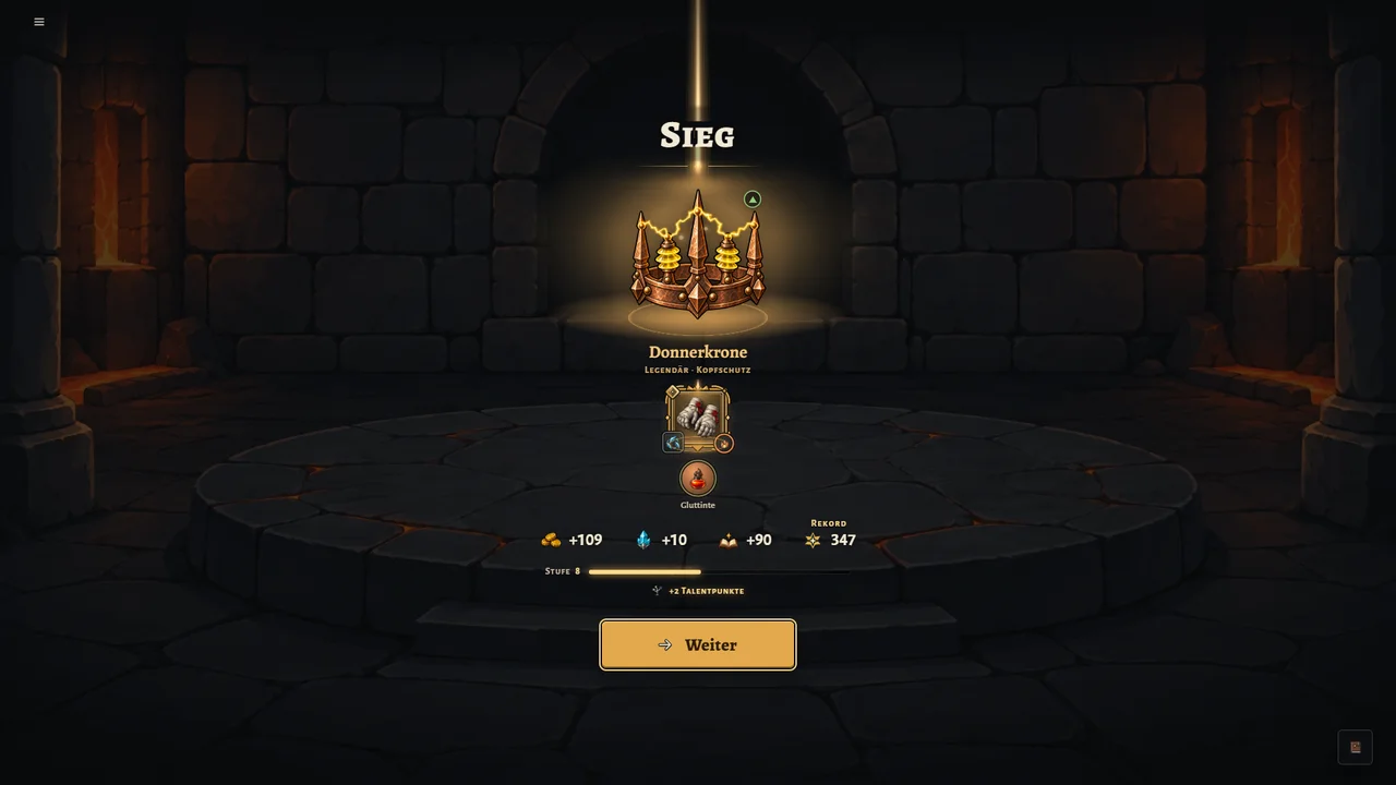 Loot after a boss victory: the legendary Thunder Crown in a beam of light, plus gold, essence and experience.