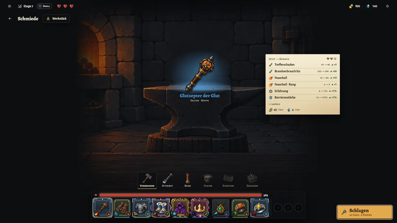 The forge: a sceptre on the anvil, next to it a preview of the values an upgrade will change.