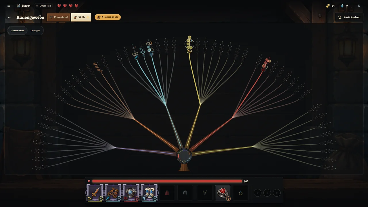 The Crown skill tree: 48 branches fan out from one trunk, the branches of equipped skills glow.