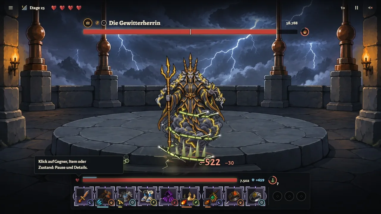 Gameplay: on floor 25 the player's items fight the Storm Mistress, a lightning boss on the Thunder Spire. The item bar runs along the bottom.