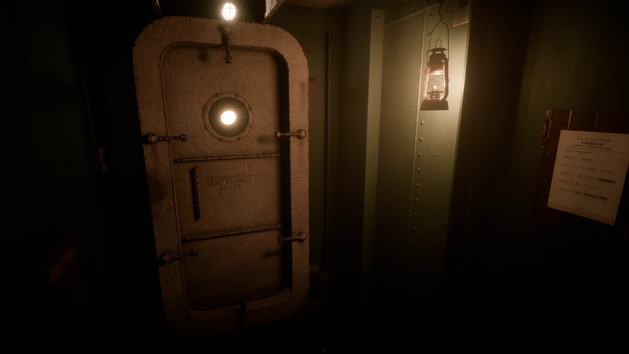 The weathertight door in the vestibule, its round window glowing, a storm lantern beside it and a passenger list on the wall.
