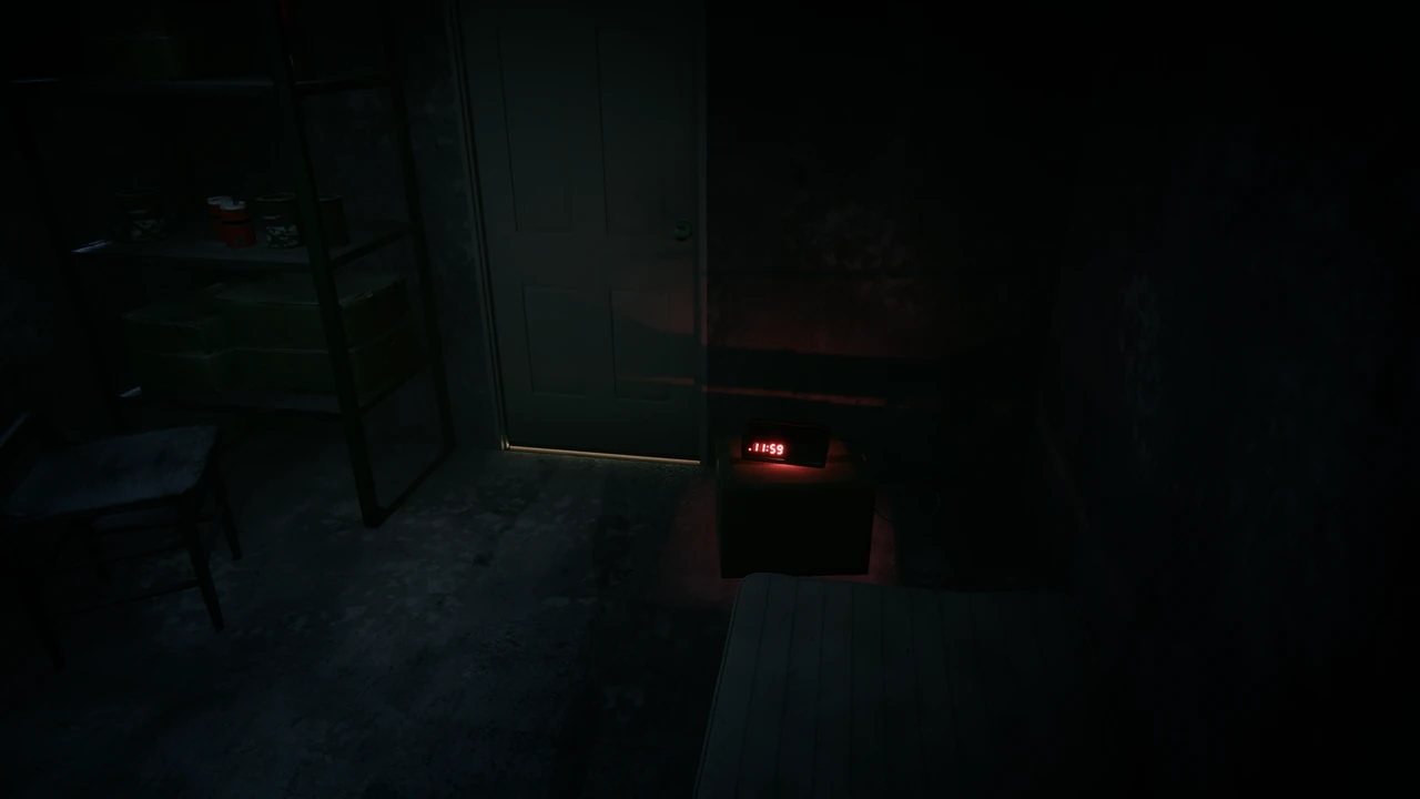A bare cellar at night: a mattress, a metal shelf, a chair, and on a cardboard box a red clock radio showing 11:59.