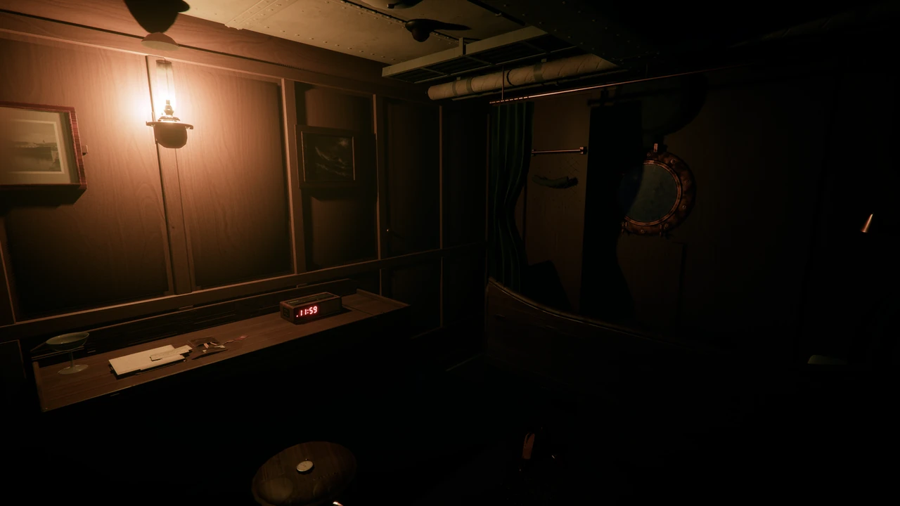 A cramped ship's cabin with wood panelling, a wall lamp, framed pictures, a porthole and a clock radio showing 11:59 on the desk.