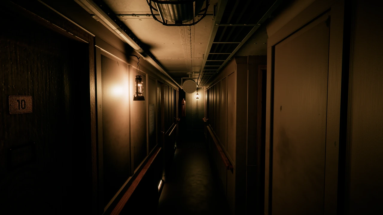 A long, narrow corridor below deck, lit by hanging storm lanterns, cabin door number 10 on the left.