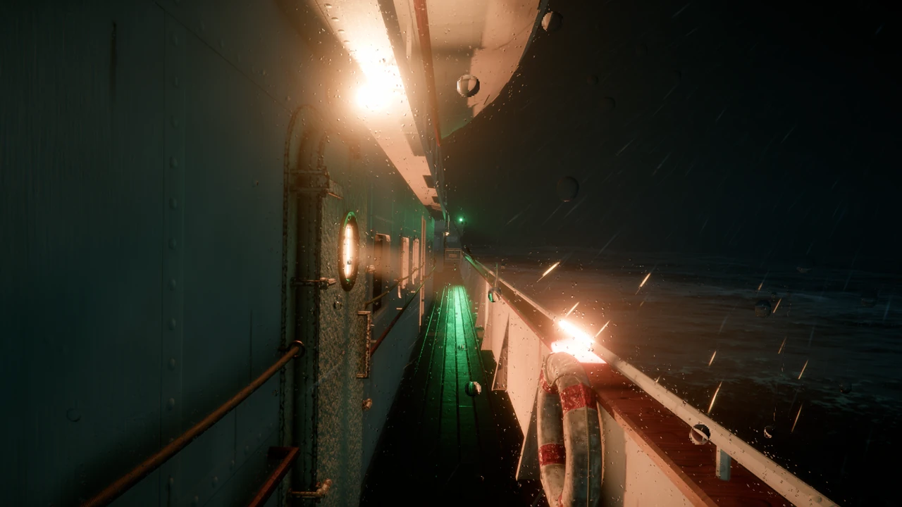 The side deck of an old ferry at night in a storm: a lamp above the bulkhead door, a lifebuoy at the railing, a green navigation light, raindrops on the lens.