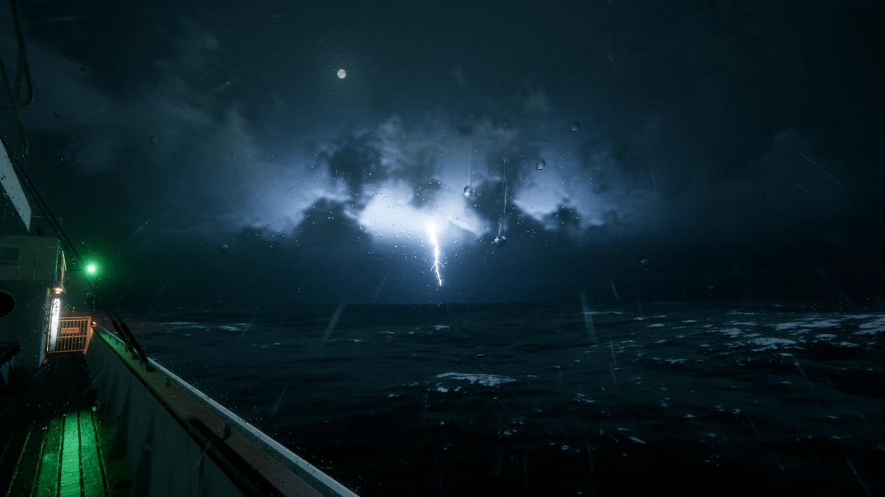 Lightning lights up a bank of storm clouds over a dark sea; the moon above, the ship's railing and green light on the left.