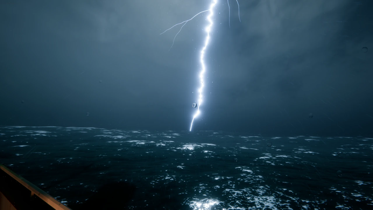 A bolt of lightning strikes the open sea right beside the ship, rain and spray in the air.